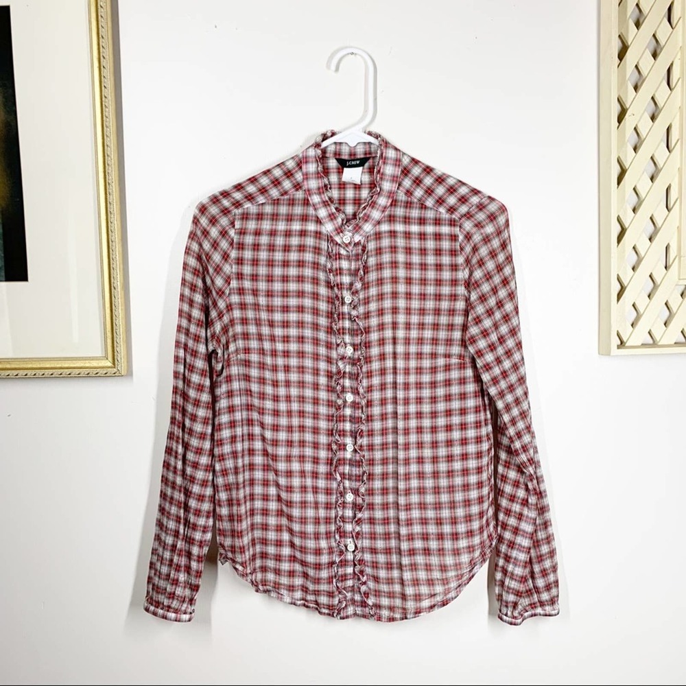 J Crew Plaid Ruffle Button Down Shirt 2 - Picture 2 of 9